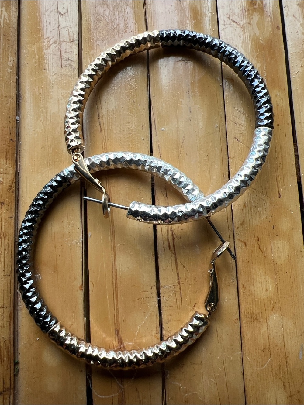 Textured Three-Tone Hoop Earrings - Silver, Black & Gold